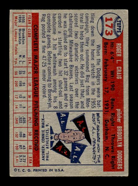 1957 Topps #173 Roger Craig Brooklyn Dodgers EX HOF-10005600