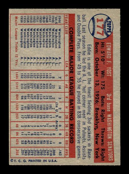 1957 Topps #177 Eddie Yost Washington Senators EX HOF-10005602