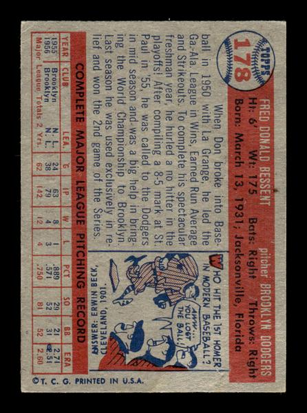 1957 Topps #178 Don Bessent Brooklyn Dodgers EX HOF-10005603