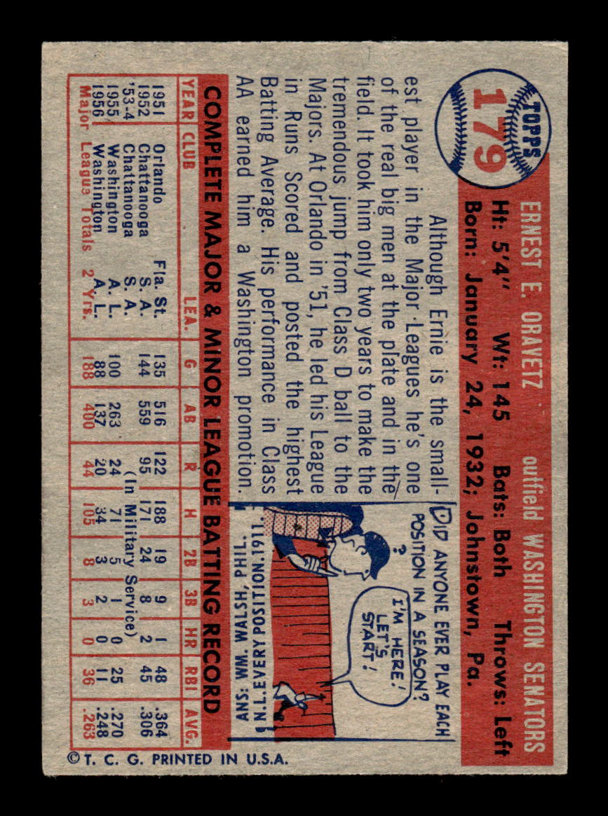 1957 Topps #179 Ernie Oravetz Washington Senators EX HOF-10005604