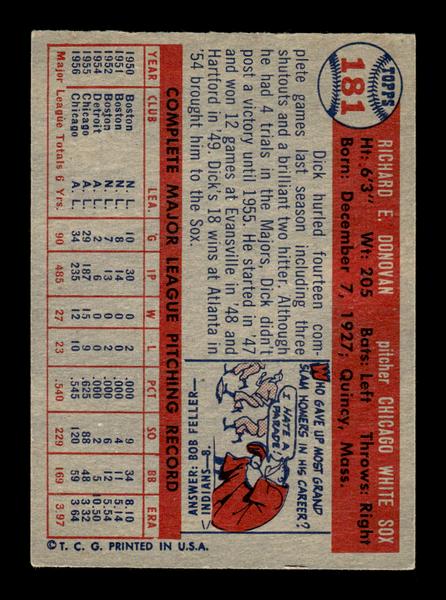1957 Topps #181 Dick Donovan Chicago White Sox EX HOF-10005607