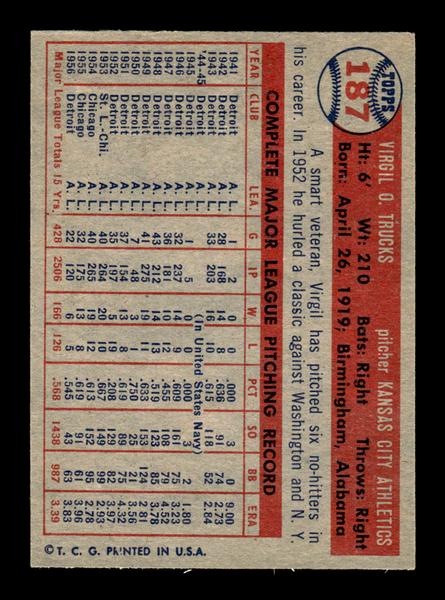 1957 Topps #187 Virgil Trucks Kansas City Athletics EX HOF-10005609
