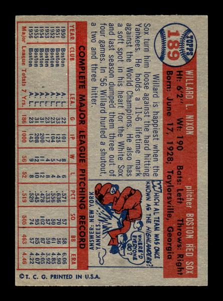 1957 Topps #189 Willard Nixon Boston Red Sox EX HOF-10005612