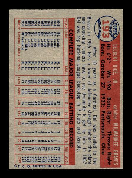 1957 Topps #193 Del Rice Milwaukee Braves EX HOF-10005615