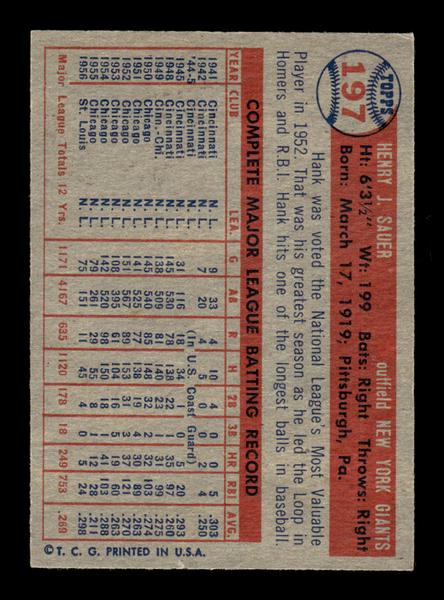 1957 Topps #197 Hank Sauer New York Giants EX HOF-10005618