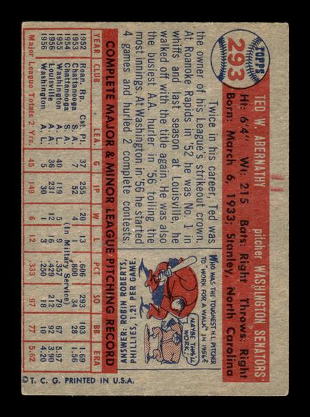1957 Topps #293 Ted Abernathy Washington Senators EX HOF-10005621