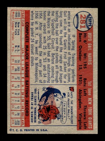 1957 Topps #281 Gail Harris New York Giants EX HOF-10005628