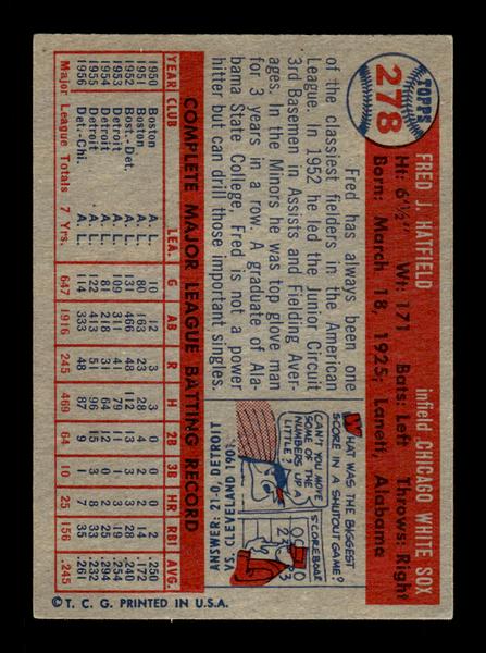 1957 Topps #278 Fred Hatfield Chicago White Sox EX HOF-10005629