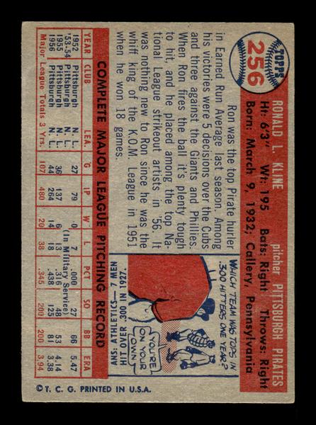 1957 Topps #256 Ronnie Kline Pittsburgh Pirates EX HOF-10005644