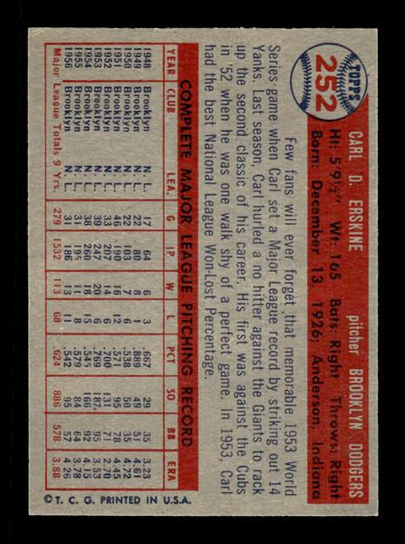 1957 Topps #252 Carl Erskine Brooklyn Dodgers EX HOF-10005647