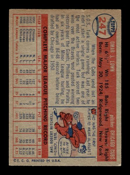 1957 Topps #247 Turk Lown Chicago Cubs EX HOF-10005650