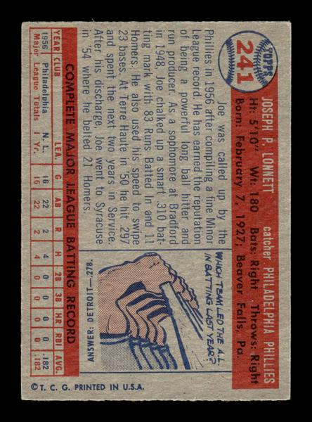 1957 Topps #241 Joe Lonnett Philadelphia Phillies EX HOF-10005654