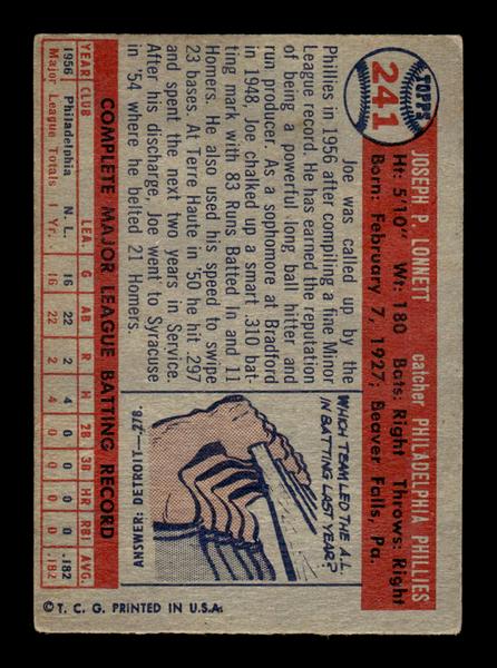 1957 Topps #241 Joe Lonnett Philadelphia Phillies EX HOF-10005655