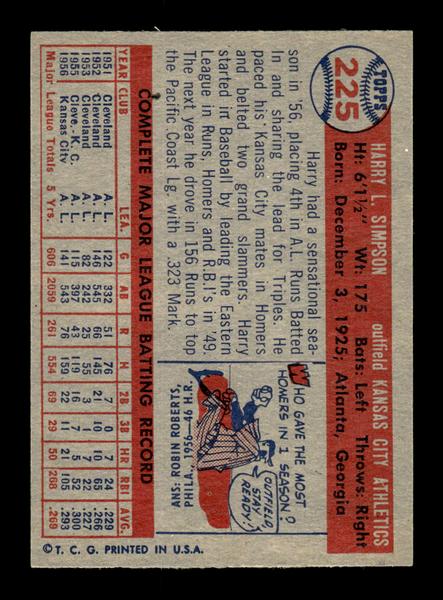 1957 Topps #225 Harry Simpson Kansas City Athletics EX HOF-10005667