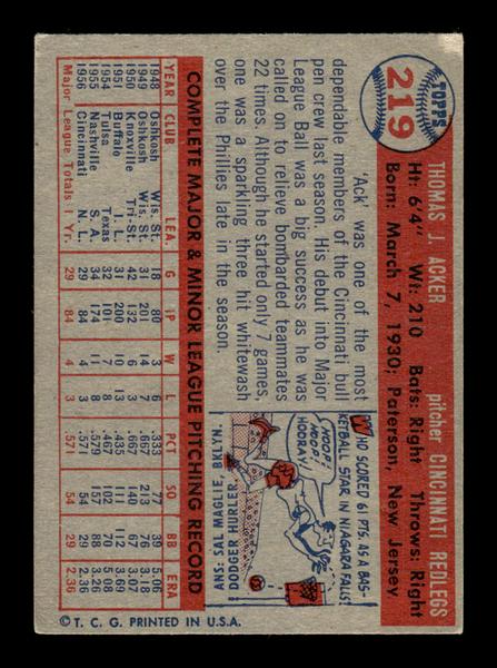 1957 Topps #219 Tom Acker Cincinnati Redlegs EX HOF-10005673