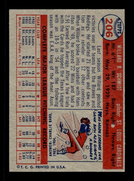 1957 Topps #206 Willard Schmidt St. Louis Cardinals EX HOF-10005677