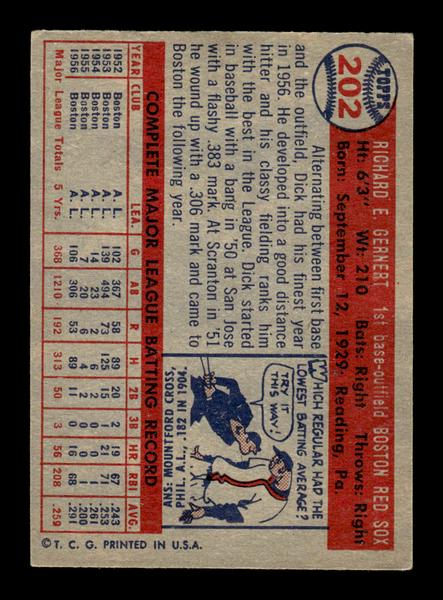 1957 Topps #202 Dick Gernert Boston Red Sox EX HOF-10005682