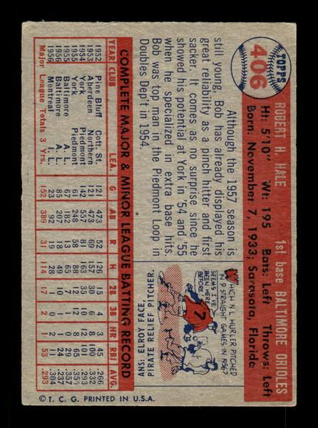 1957 Topps #406 Bob Hale Baltimore Orioles VG HOF-10005688
