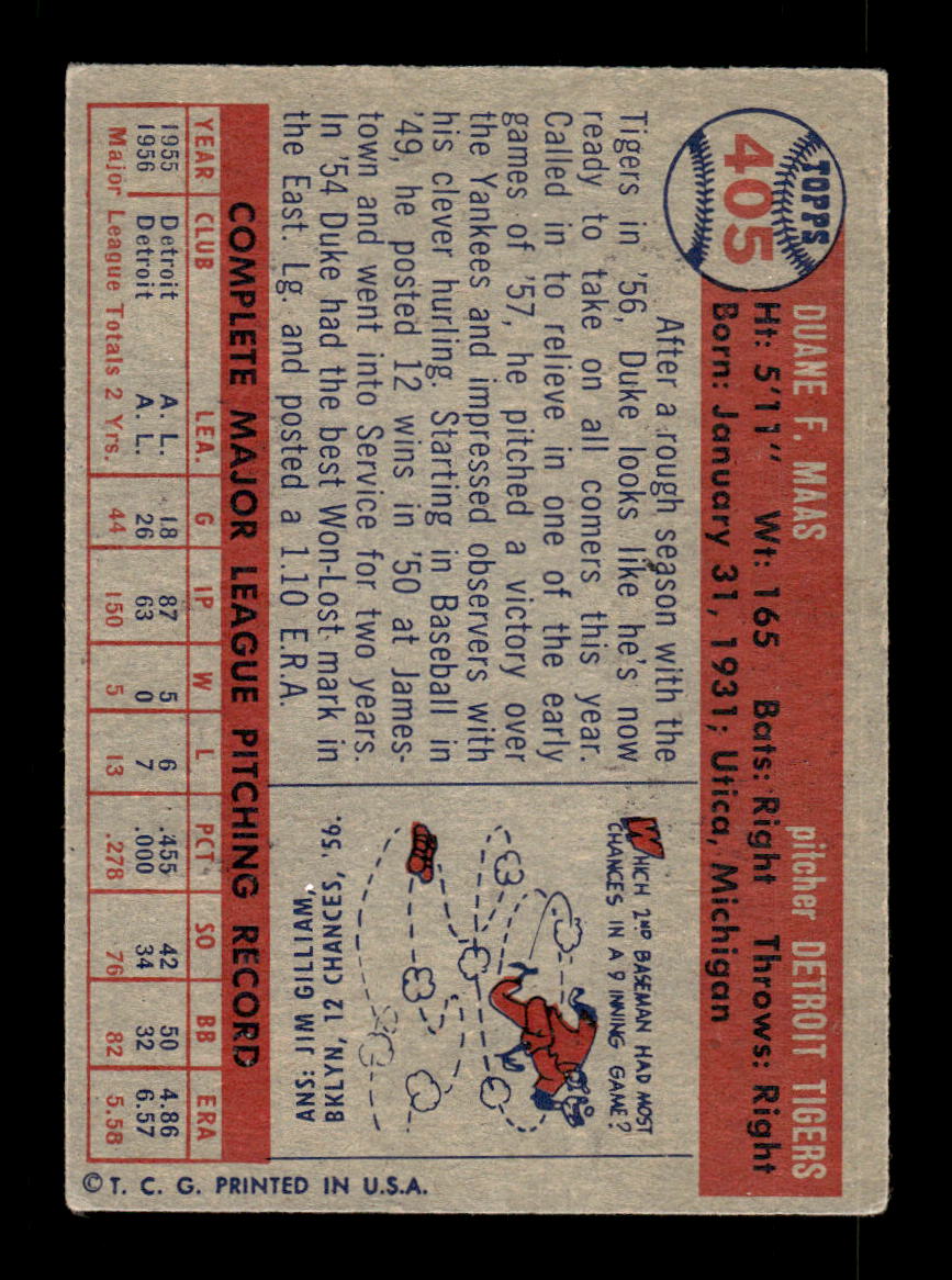 1957 Topps #405 Duke Maas Detroit Tigers EX HOF-10005689