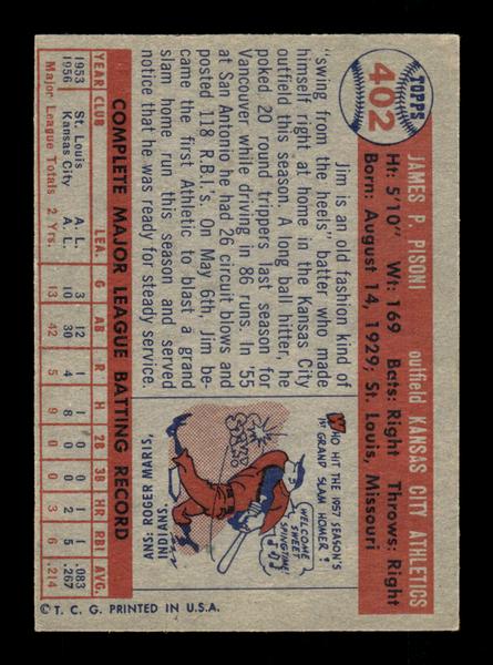 1957 Topps #402 Jim Pisoni Kansas City Athletics EX HOF-10005696