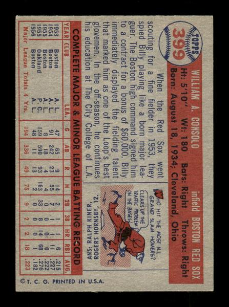 1957 Topps #399 Billy Consolo Boston Red Sox EX HOF-10005697