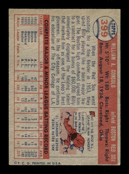 1957 Topps #399 Billy Consolo Boston Red Sox EX HOF-10005698