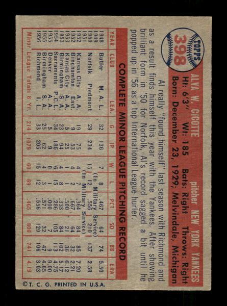 1957 Topps #398 Al Cicotte New York Yankees EX HOF-10005699