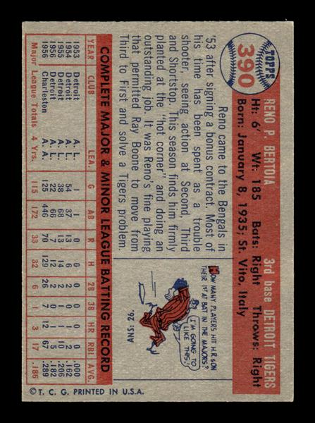 1957 Topps #390 Reno Bertoia Detroit Tigers EX HOF-10005713
