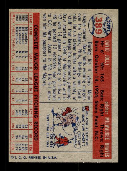 1957 Topps #389 Dave Jolly Milwaukee Braves EX HOF-10005715