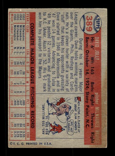 1957 Topps #389 Dave Jolly Milwaukee Braves EX HOF-10005716