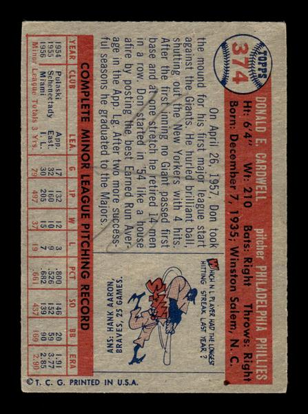1957 Topps #374 Don Cardwell Philadelphia Phillies (mk) HOF-10005739