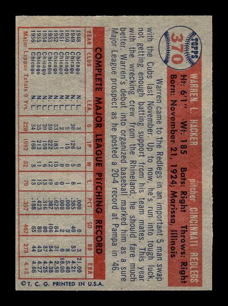 1957 Topps #370 Warren Hacker Cincinnati Redlegs VG HOF-10005746