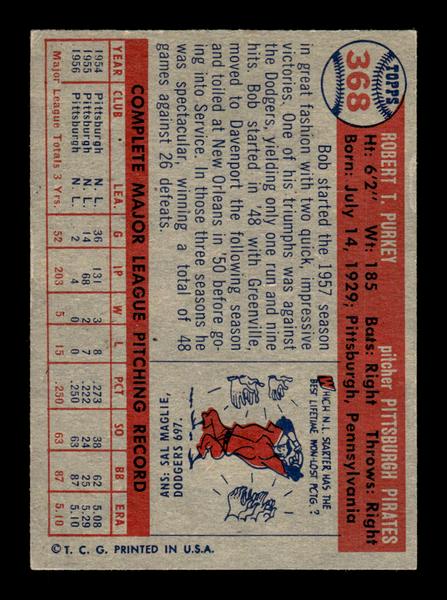 1957 Topps #368 Bob Purkey Pittsburgh Pirates EX HOF-10005749