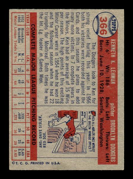 1957 Topps #366 Ken Lehman Brooklyn Dodgers EX HOF-10005753
