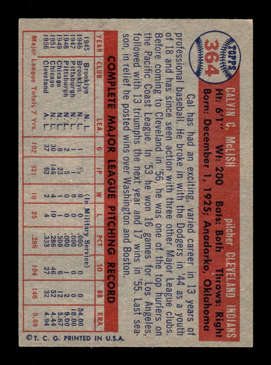 1957 Topps #364 Cal McLish Cleveland Indians EX HOF-10005755