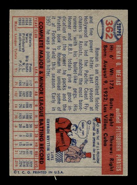 1957 Topps #362 Roman Mejias Pittsburgh Pirates EX HOF-10005758