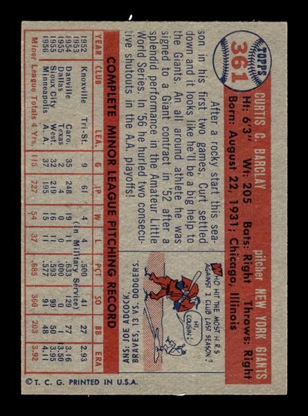 1957 Topps #361 Curt Barclay New York Giants EX HOF-10005759