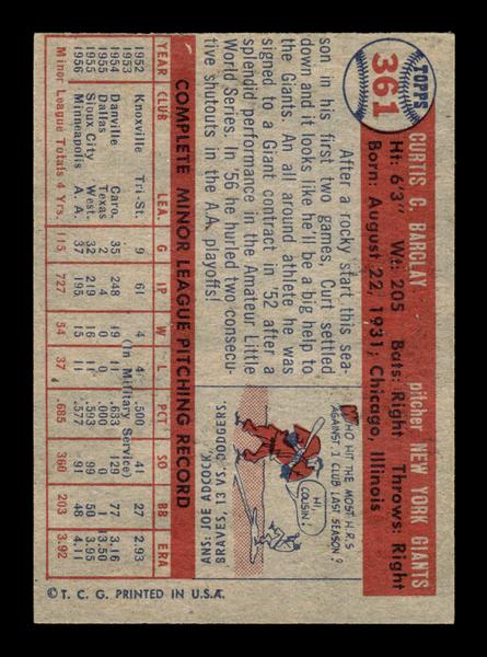 1957 Topps #361 Curt Barclay New York Giants EX HOF-10005760