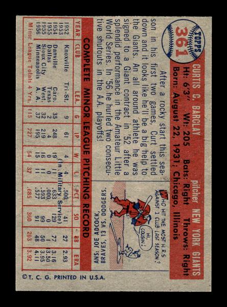 1957 Topps #361 Curt Barclay New York Giants EX HOF-10005761