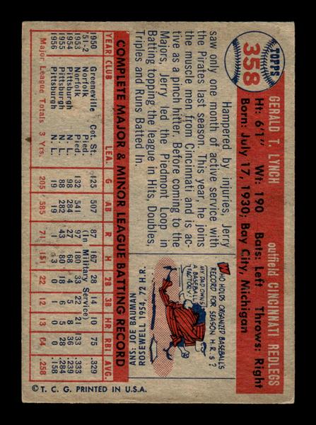 1957 Topps #358 Jerry Lynch Cincinnati Redlegs EX HOF-10005767