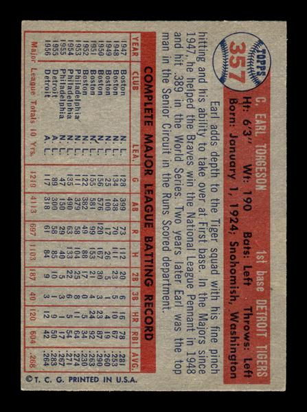 1957 Topps #357 Earl Torgeson Detroit Tigers EX HOF-10005768