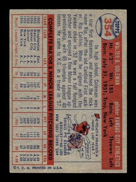1957 Topps #354 Rip Coleman Kansas City Athletics EX HOF-10005774