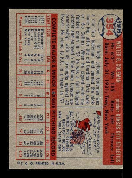 1957 Topps #354 Rip Coleman Kansas City Athletics EX HOF-10005775