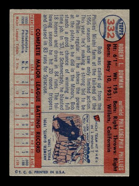 1957 Topps #332 Bob Bowman Philadelphia Phillies EX HOF-10005786
