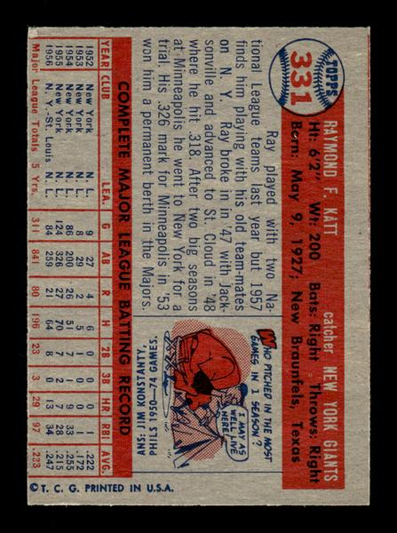 1957 Topps #331 Ray Katt New York Giants EX HOF-10005787