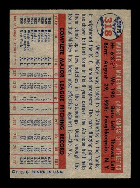 1957 Topps #318 Mickey McDermott Kansas City Athletics EX HOF-10005792