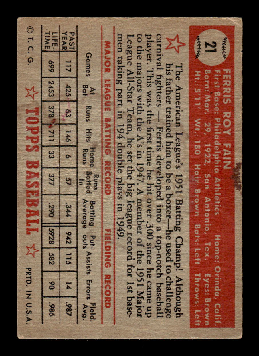1952 Topps #21 Ferris Fain Philadelphia Athletics VGEX HOF-10005799