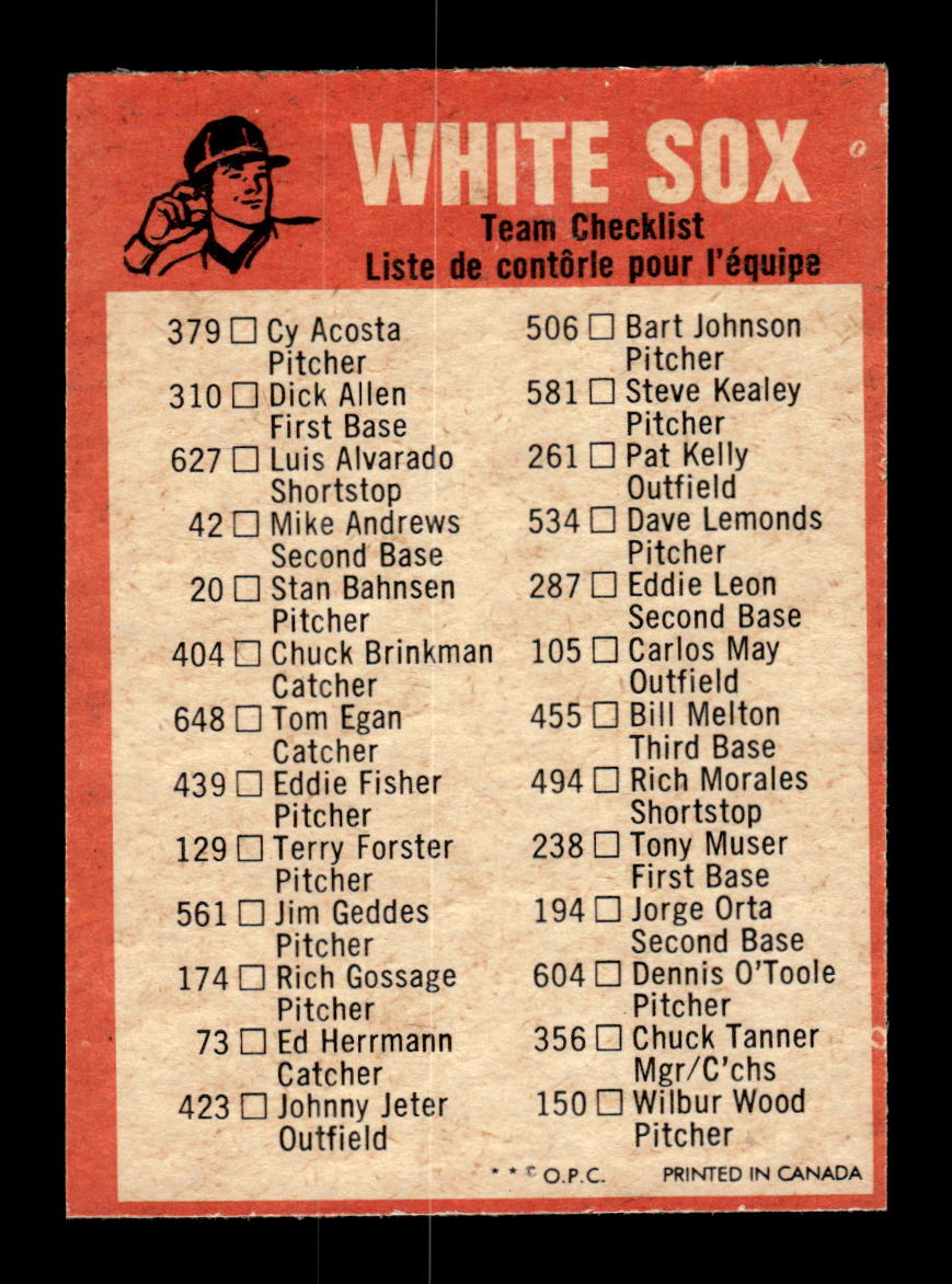 1973 O-Pee-Chee #NNO Chicago White Sox Blue-Team-Checklists EX HOF-10005808