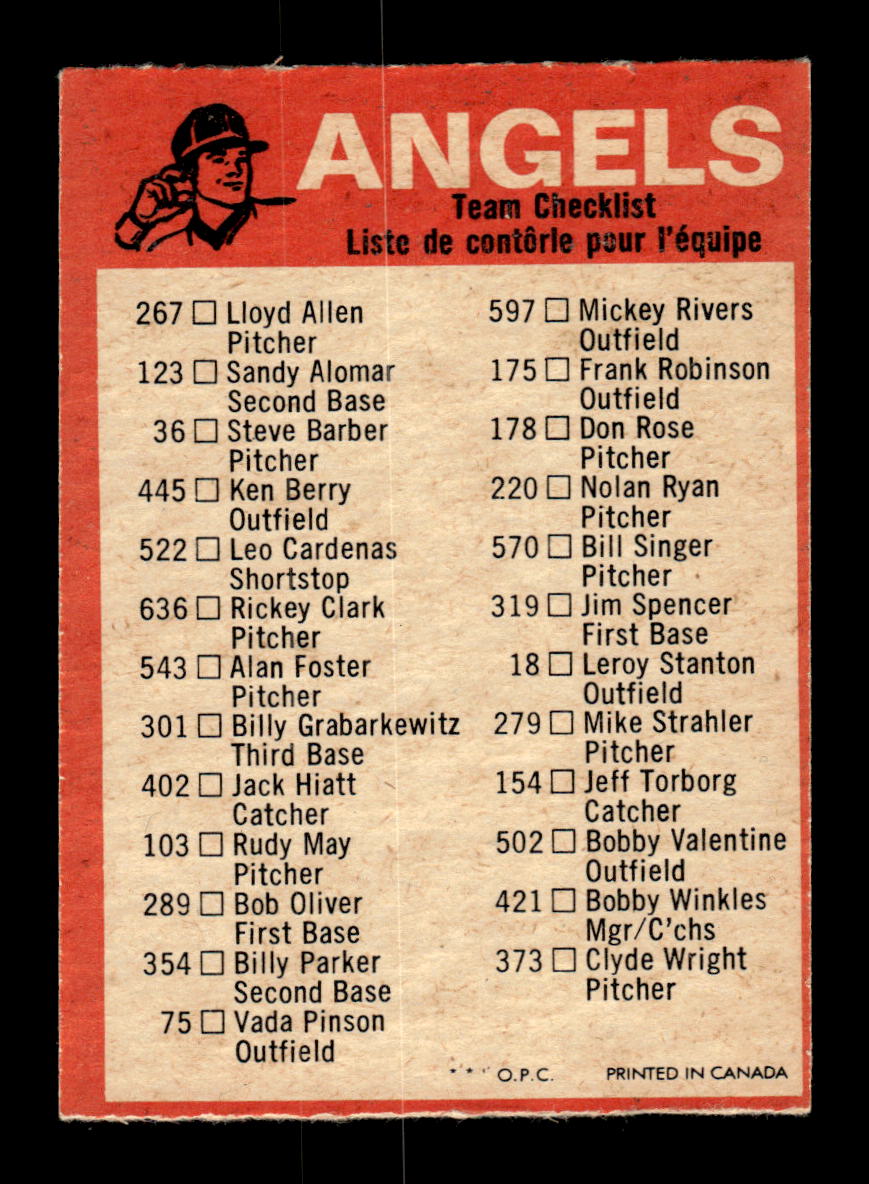 1973 O-Pee-Chee #NNO California Angels Blue-Team-Checklists EX HOF-10005811