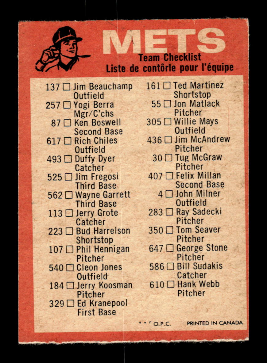 1973 O-Pee-Chee #NNO New York Mets Blue-Team-Checklists Excellent HOF-10005812